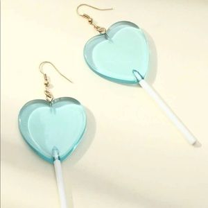 NWOT Blue heart lollipop earrings